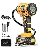 AUTDER Compressore Aria Portatile Senza Fili 180 PSI, Gonfiatore Pneumatici per Auto, Moto e Bicicletta con Manometro LCD, Luce LED, Batteria 21V Ricaricabile e Alimentazione 12V DC - Giallo
