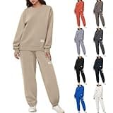 Generisch Tuta da jogging da donna, tinta unita, girocollo, tuta sportiva, minimalista, 2 pezzi, felpa e pantaloni da jogging Baggy elegante, calda, traspirante, per il tempo libero, cachi, XL