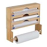 Relaxdays Dispenser Taglia Pellicola con Portarotolo da Cucina, Carta Forno e Alluminio, HLP 31x36x10 cm, bambù Naturale, Plastica, Fibra di Legno