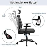 Yaheetech Poltrona/Sedia Ufficio Scrivania Ergonomica Lombare Schienale Reclinabile Bloccabile tra 90° e 130° a Rete Traspirante Braccioli Poggiatesta Regolabili a Ruote Girevole Nera