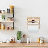 Relaxdays Dispenser Taglia Pellicola con Portarotolo da Cucina, Carta Forno e Alluminio, HLP 31x36x10 cm, bambù Naturale, Plastica, Fibra di Legno