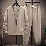 Generisch Tuta da jogging da donna, tinta unita, girocollo, tuta sportiva, minimalista, 2 pezzi, felpa e pantaloni da jogging Baggy elegante, calda, traspirante, per il tempo libero, cachi, XL