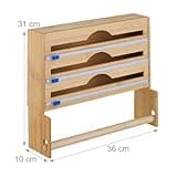 Relaxdays Dispenser Taglia Pellicola con Portarotolo da Cucina, Carta Forno e Alluminio, HLP 31x36x10 cm, bambù Naturale, Plastica, Fibra di Legno
