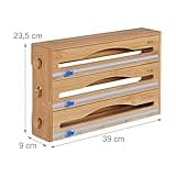 Relaxdays Taglia Pellicola da Cucina, Dispenser a Muro Porta Carta Forno e Stagnola, 23,5 x 39 x 9 cm, bambù, Naturale