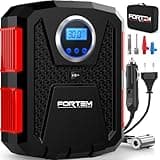 FORTEM Compressore Aria Portatile per Pneumatici, Pompa per Bicicletta, Compressore Aria 230V AC 12V DC con Luce a LED, Manometro Digitale Pneumatici con Gonfiaggio/Spegnimento Automatico (Rosso)