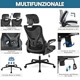 Yaheetech Sedia Ufficio Ergonomica con Braccioli Poggiatesta Regolabile Schienale Alto Funzione Dondolo Poltrona Scrivania Girevole in Rete Traspirante con Supporto Lombare Nera