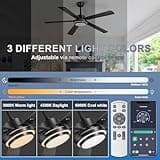 Ohniyou Ventilatore da soffitto da 132 cm con luce e telecomando, 6 velocità, luce regolabile, reversibile, motore DC silenzioso, ventilatore da soffitto nero per interni ed esterni