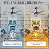 Ohniyou Ventilatore da soffitto da 132 cm con luce e telecomando, 6 velocità, luce regolabile, reversibile, motore DC silenzioso, ventilatore da soffitto nero per interni ed esterni
