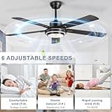 Ohniyou Ventilatore da soffitto da 132 cm con luce e telecomando, 6 velocità, luce regolabile, reversibile, motore DC silenzioso, ventilatore da soffitto nero per interni ed esterni