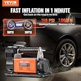VEVOR Gonfiatore per Pneumatici 12 V, Compressore d'Aria per Carichi Pesanti, Pompa d'Aria Fuoristrada per Auto, SUV, Camion con Adattatori Cavo Alimentazione Tubo Aria Manometro, Borsa Trasporto