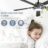 Ohniyou Ventilatore da soffitto da 132 cm con luce e telecomando, 6 velocità, luce regolabile, reversibile, motore DC silenzioso, ventilatore da soffitto nero per interni ed esterni